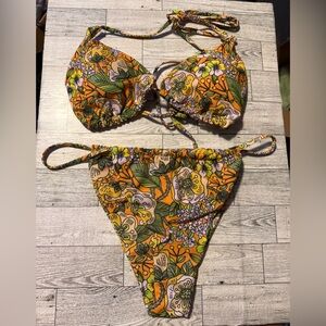Tropical Floral Print Triangle Tie Back Halter Bikini Set Large